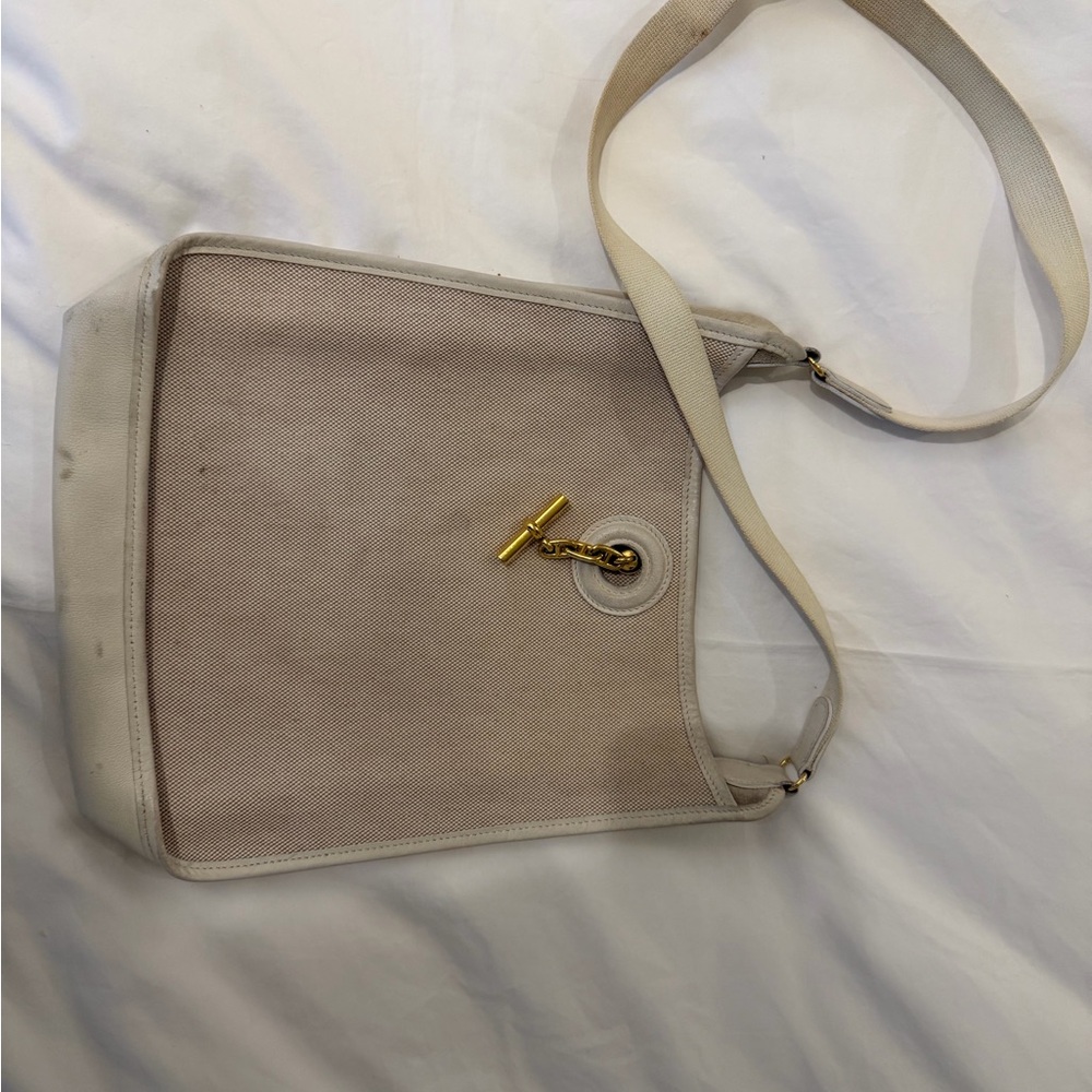 Hermes Beige and White Canvas Shoulder Bag